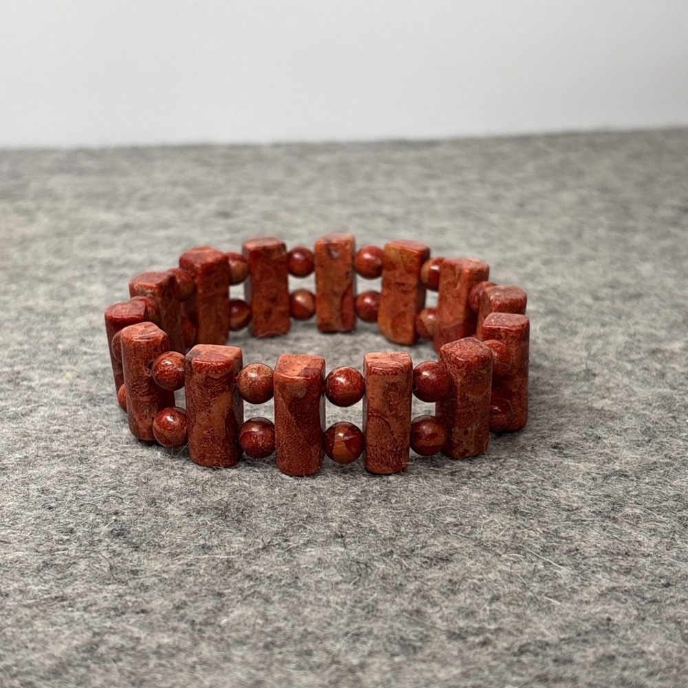 Vintage Red Jasper Round and Rectangular Bead Stretch BRACELET